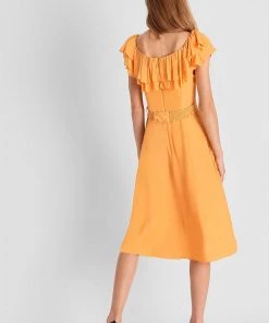 French Connection Almedina Drape Frill Neck Midi Dress