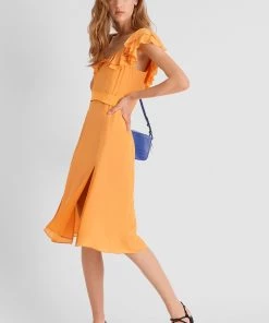 French Connection Almedina Drape Frill Neck Midi Dress