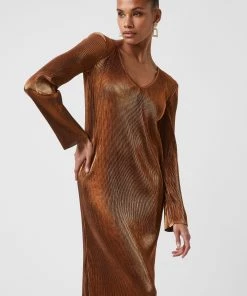 French Connection Taina Pleated Metallic Midi Dress Sale