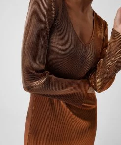 French Connection Taina Pleated Metallic Midi Dress Sale