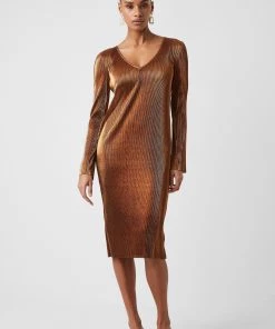French Connection Taina Pleated Metallic Midi Dress Sale