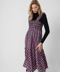 French Connection Aggie Check Tafita Smock Maxi Dress Sale