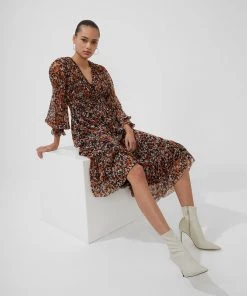 French Connection Alita Print Pleated V-Neck Dress Sale