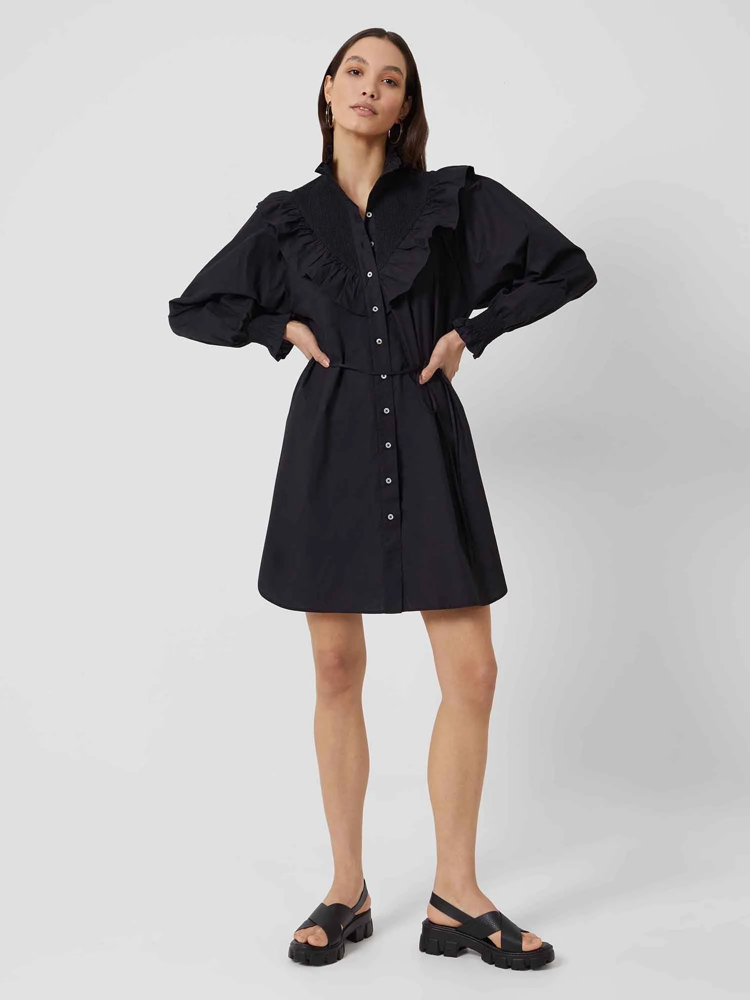French Connection Organic Poplin Smock-Neck Dress New In 4 French Connection Organic Poplin Smock-Neck Dress New In