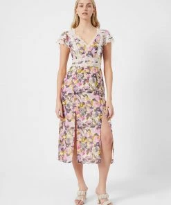 French Connection Catlett Recycled Crinkle Lace Trim Midi Dress New In