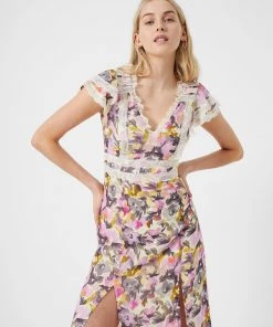 French Connection Catlett Recycled Crinkle Lace Trim Midi Dress New In