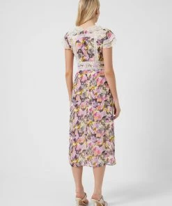 French Connection Catlett Recycled Crinkle Lace Trim Midi Dress New In