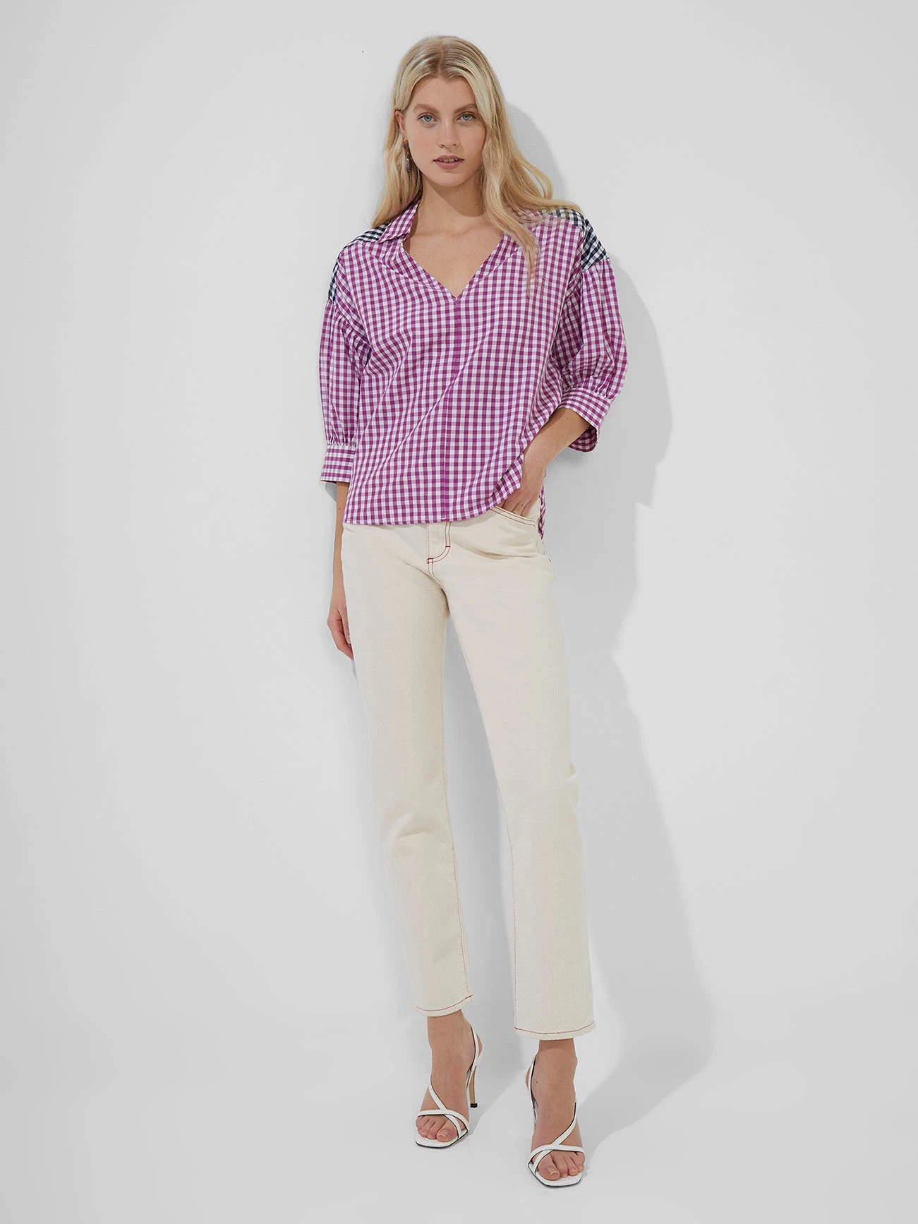 French Connection Adalhia Organic Gingham Puff Sleeve Shirt New In 4 French Connection Adalhia Organic Gingham Puff Sleeve Shirt New In