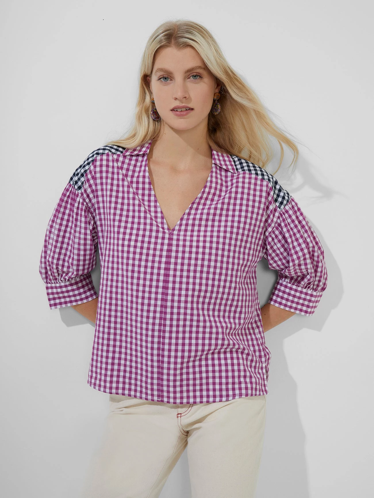French Connection Adalhia Organic Gingham Puff Sleeve Shirt New In 3 French Connection Adalhia Organic Gingham Puff Sleeve Shirt New In