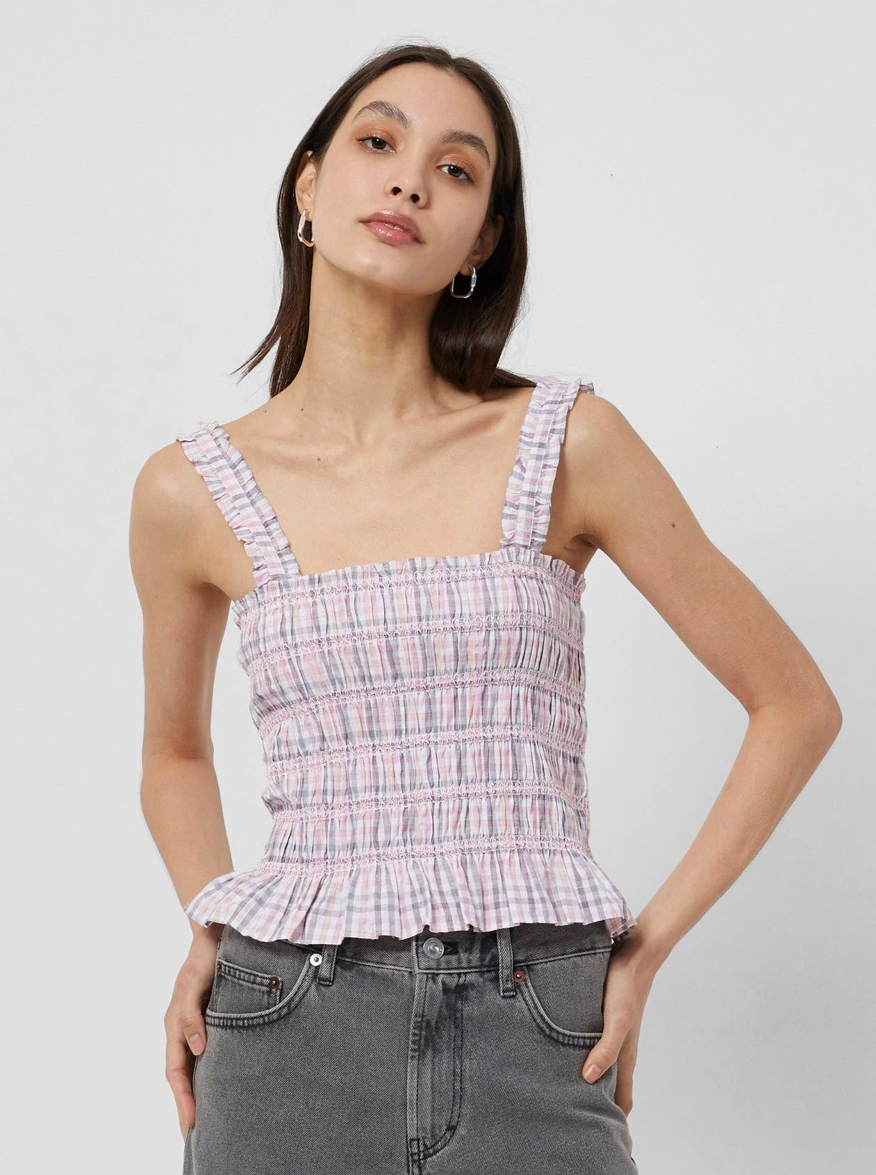 French Connection Yaki Organic Check Smocked Top Tops 4 French Connection Yaki Organic Check Smocked Top Tops