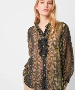 French Connection Adila Crinkle Ruffle Neck Blouse Last Chance To Buy