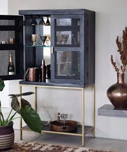 French Connection Noir Rattan Wine Cabinet New In